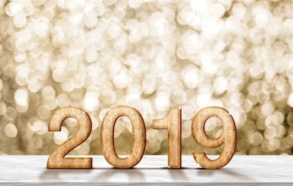 Happy, Новый Год, цифры, 2019, new year, боке, wood, background