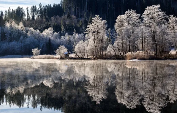Картинка зима, озеро, утро
