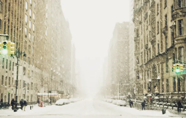 Зима, снег, город, улица, светофор, мегаполис