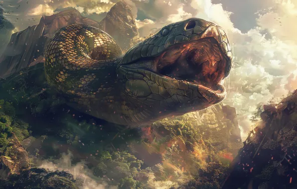 Горы, Змея, Пасть, Морда, Рептилия, Животное, Цифровое искусство, ИИ-арт