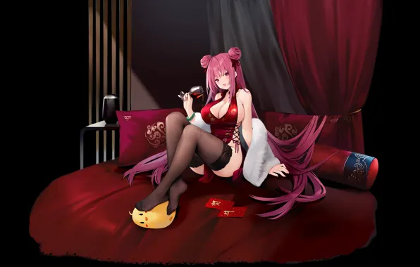 Girl, sexy, cleavage, pink hair, long hair, dress, boobs, anime