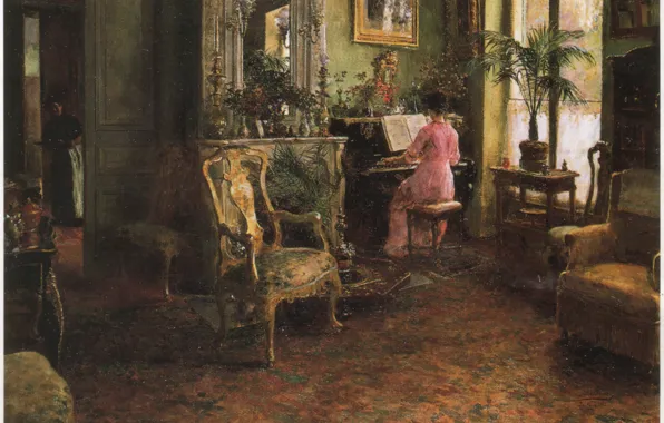 Картинка комната, стул, AN AFTERNOONS ENJOYMENT, женщина за пианино, ARANDA