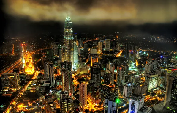 Ночь, город, высотки, малайзия, Куала-Лумпура, Патронас
