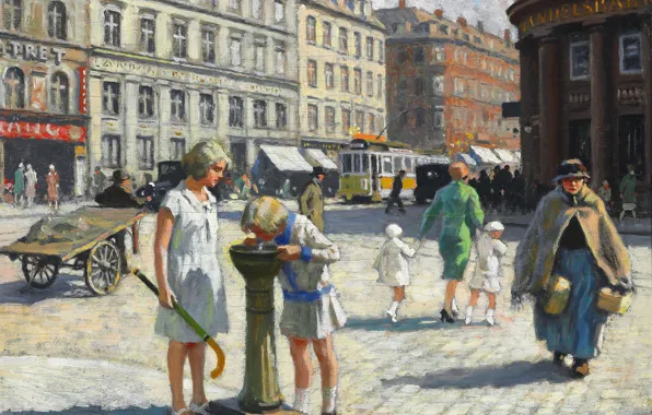 Дома, Люди, Трамвай, Картина, Копенгаген, Поль Густав Фишер, Paul Gustav Fischer, Жаркий летний день в …