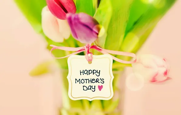 Надпись, тюльпаны, сердечко, бантик, блюр, боке, открытка, день матери