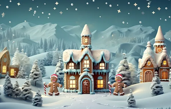Зима, снег, Новый Год, деревня, Рождество, домики, house, new year
