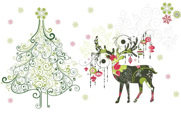Снежинки, праздник, игрушки, минимализм, вектор, олень, арт, Новый год