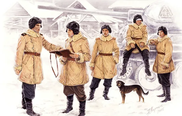 Картинка рисунок, собака, арт, танк, экипаж, советский, средний, Т-34-85