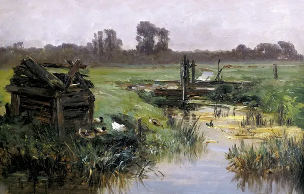 Картинка трава, пейзаж, ручей, картина, Карлос де Хаэс, Луга Голландии