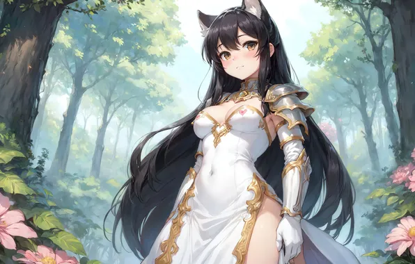 Girl, armor, nature, anime, painting, digital art, fantasy art, white dress