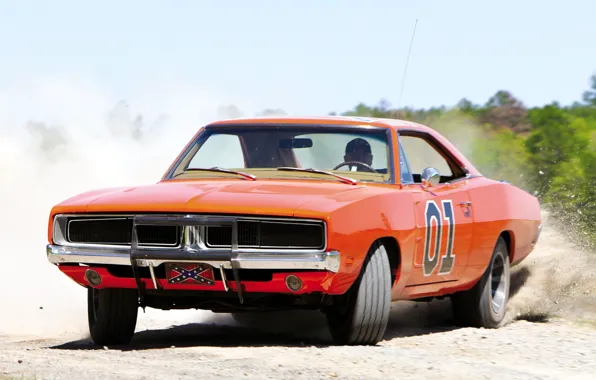 Картинка оранжевый, фон, пыль, занос, Додж, 1969, Dodge, Charger