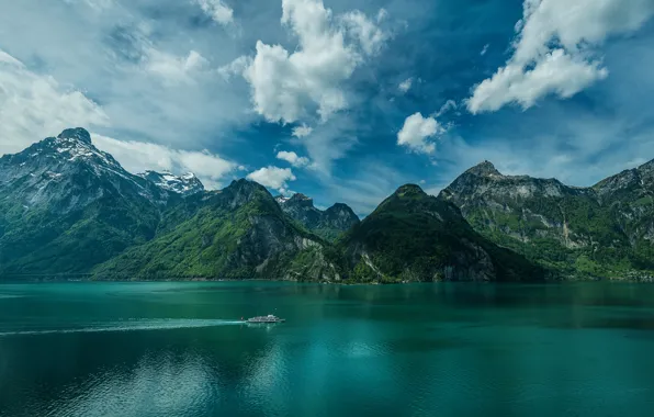 Картинка облака, горы, озеро, Швейцария, Альпы, Switzerland, теплоход, Alps