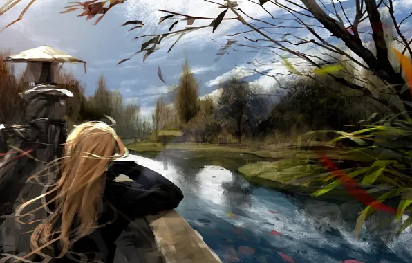 Картинка девушка, облака, деревья, река, ветер, рисунок, арт, блондинка