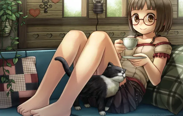 Картинка кошка, кот, диван, чай, растение, арт, очки, девочка