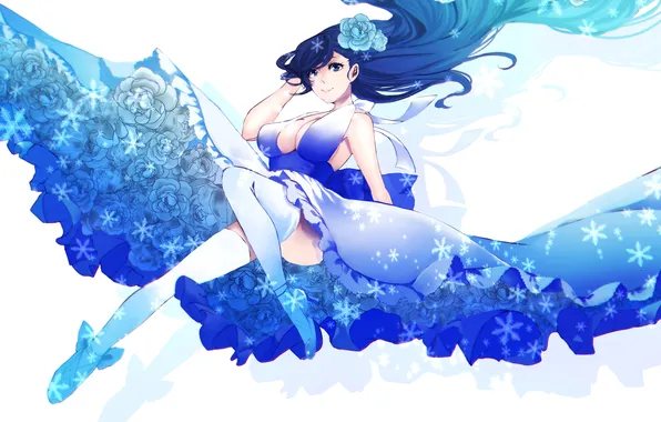Картинка цветок, взгляд, девушка, снежинки, голубое, волосы, аниме, платье