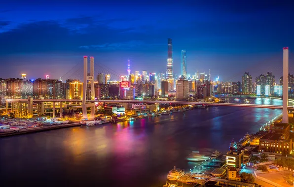 Картинка небо, отражение, лодки, зеркало, фонари, Китай, Шанхай, река Хуанпу