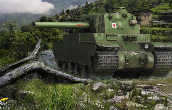 Картинка пейзаж, ручей, камни, гора, склон, танк, тяжелый, японский