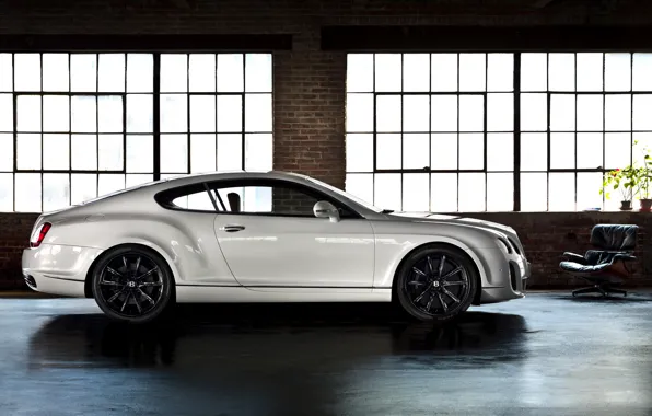 Белый, комната, стена, окна, кресло, кирпичи, continental, bentley