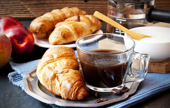 Кофе, завтрак, сливки, cup, coffee, круассаны, croissant, breakfast