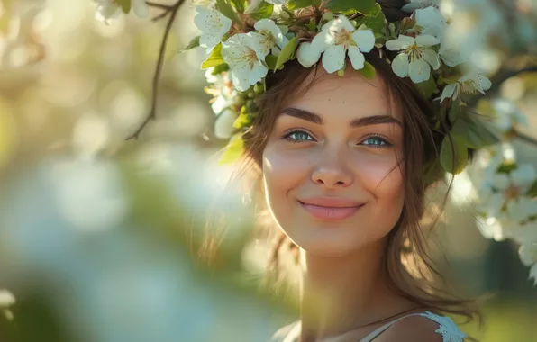 Взгляд, девушка, свет, цветы, ветки, лицо, улыбка, портрет