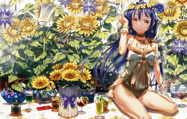 Лето, девушка, цветы, аниме, love live! school idol project