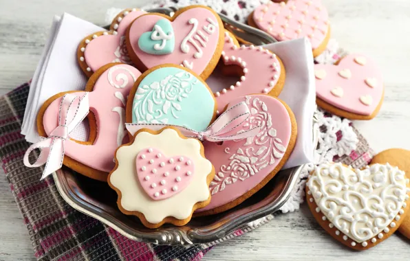 Печенье, лента, сердечки, глазурь, cookies, День всех влюбленных, Valentines's Day