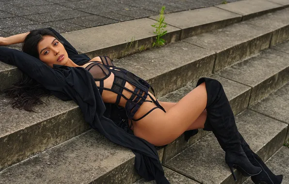 Картинка lingerie, women, open clothes, dark hair, stairs, nipples through clothing, body harness, knee-high boots