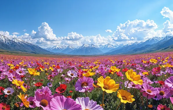 Цветы, горы, весна, colorful, луг, blossom, flowers, mountains