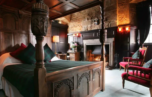 Интерьер, камин, спальня, Scotland, Castle Hotel