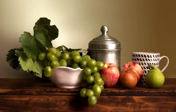 Vase, grapes, food, mug, apples, fruits, leaves, Still life