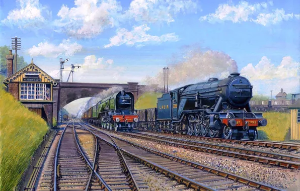 Train, rail, oil painting, steam train