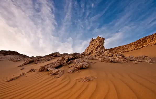 Картинка песок, небо, облака, пейзаж, скалы, пустыня, египет