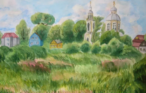 Картинка село, дома, живопись, трава у дома, церкоВь