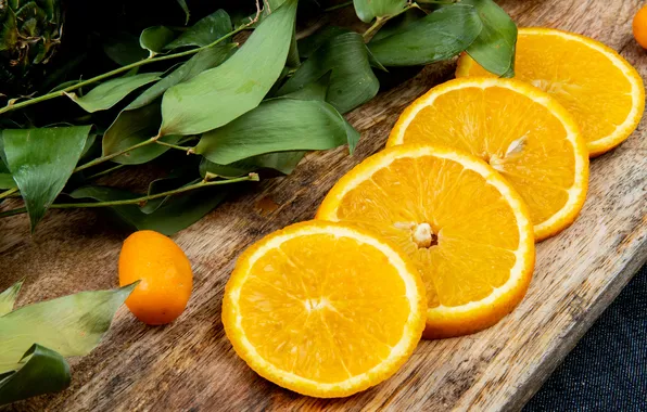 Листья, доски, апельсины, фрукты, дольки, композиция, кумкват