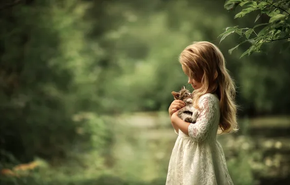 Природа, животное, платье, девочка, детёныш, котёнок, ребёнок, Юлия Кубар
