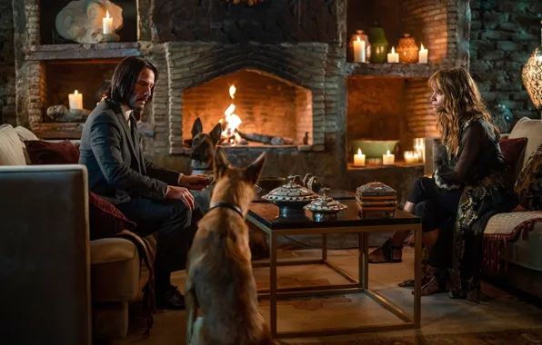 Картинка собаки, стол, замок, диван, огонь, женщина, свечи, мужчина