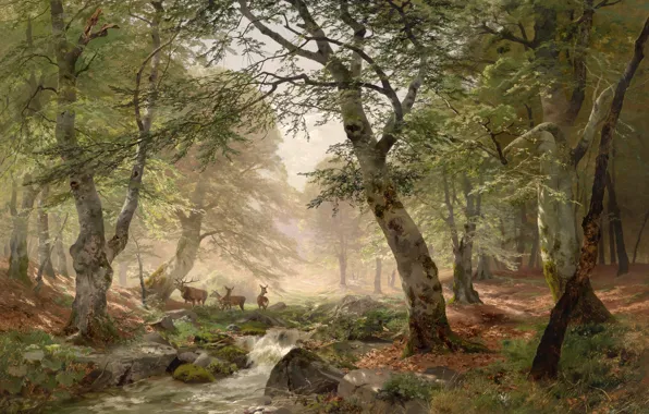 Картинка лес, деревья, ручей, камни, рисунок, олени