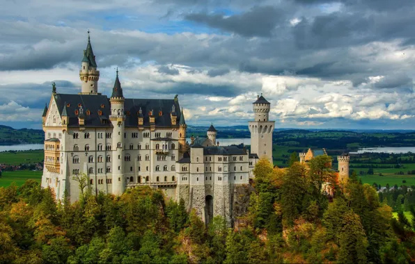 Осень, лес, облака, замок, Германия, Бавария, озёра, Bavaria