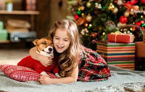 Радость, елка, собака, девочка, подарки, Новый год