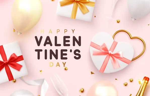 Шарики, фон, розовый, бокалы, подарки, сердечки, шампанское, Valentines Day