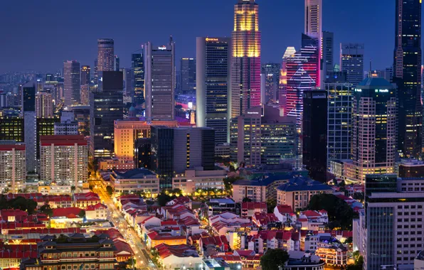 Огни, вечер, Сингапур, небоскрёбы, мегаполис