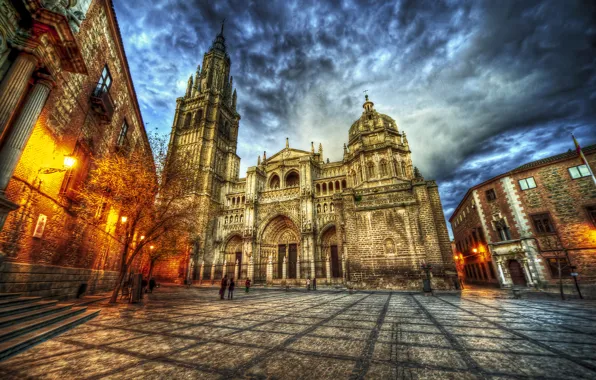 Улица, HDR, площадь, фонари, храм, Испания, Spain, Catedral