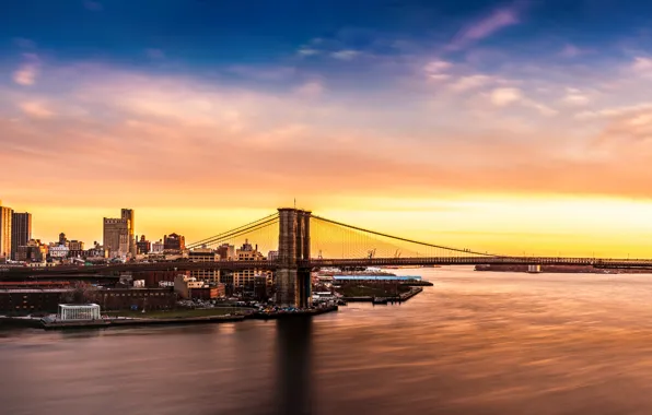 Картинка небо, мост, рассвет, побережье, залив, США, Brooklyn