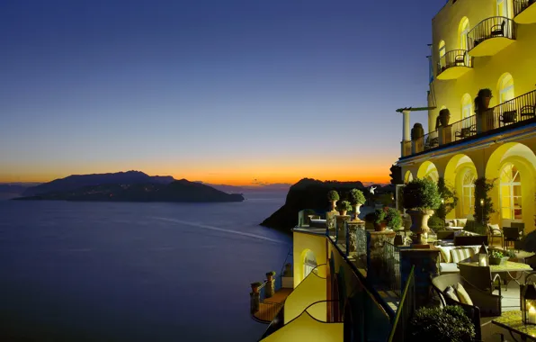 Море, вечер, Италия, отель, Capri, Hotel Caesar Augustus