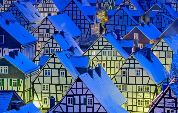 Картинка зима, крыша, огни, окна, дома, вечер, Германия, Северный Рейн-Вестфалия