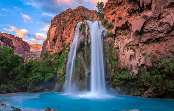 Облака, природа, скалы, водопад, Arizona, Grand Canyon, Havasu Falls