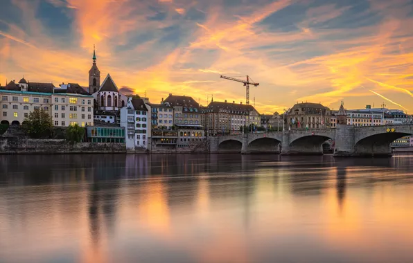 Закат, мост, река, здания, дома, Швейцария, Switzerland, Basel