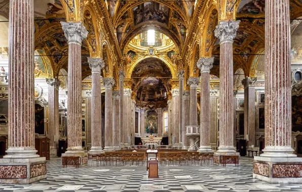 Картинка Италия, колонны, скамья, базилика, Генуя, неф, Сантиссима Аннунциата дель Вастато