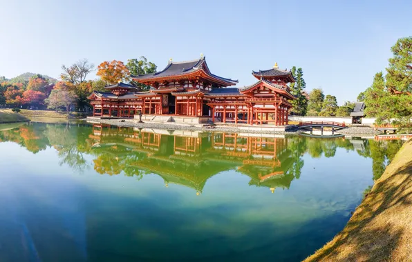 Картинка деревья, пруд, парк, отражение, Япония, панорама, храм, Japan
