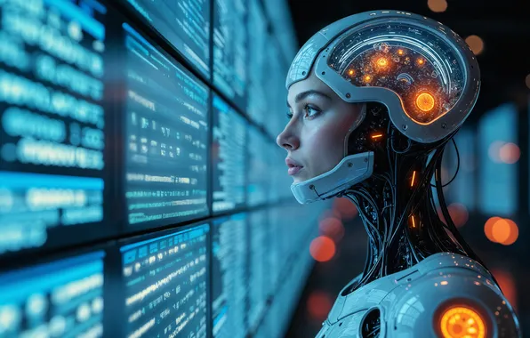 Картинка screen, cyborg, data, analyzing, cyberpunk
